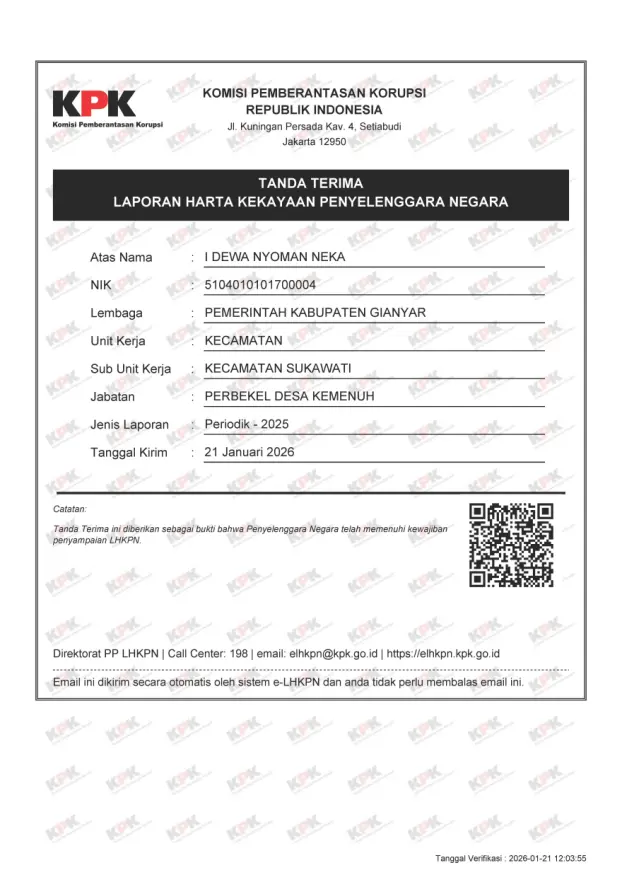 Publikasi Laporan Harta Kekayaan Penyelenggara Negara (LHKPN) Perbekel Desa Kemenuh